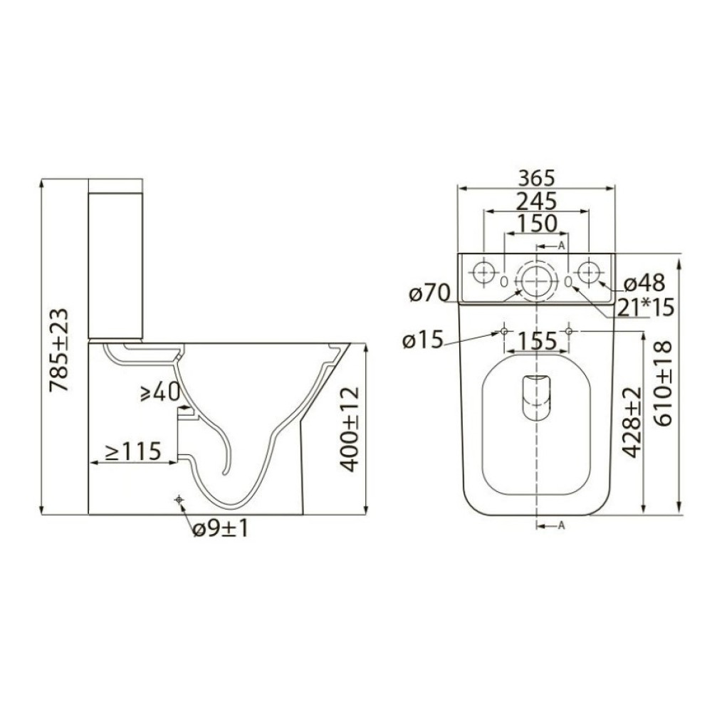 VOLLE LEON компакт: унитаз 61*35*79см напольный Rimless, гориз. выпуск, нижний подвод, бачок 3/4,5л, сиденье Slim slow-closing