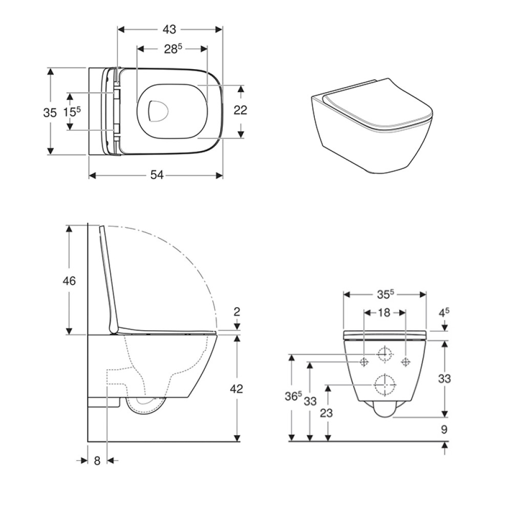 GEBERIT SMYLE Square унитаз подвесной Rimfree, воронкоподобный, закрытая форма, с сиденьем с крышкой