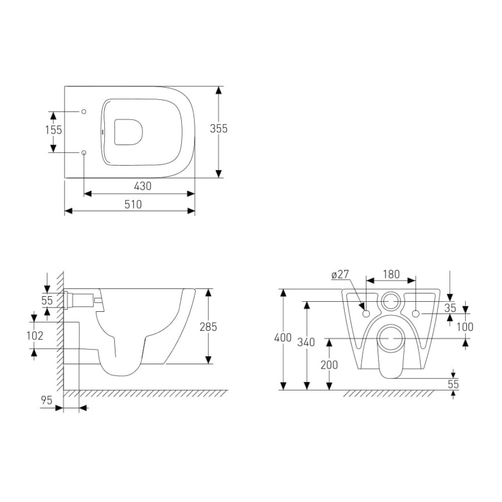 VOLLE SOLO Rimless унитаз подвесной, сиденье твердое Slim slow-closing 51*35,5*33 см, цвет черный мат
