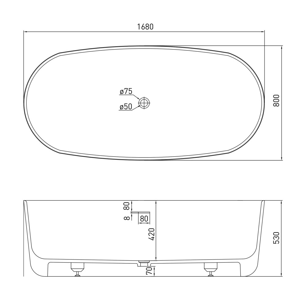 VOLLE Ванна 168*80*53см отдельностоящая каменная Solid surface