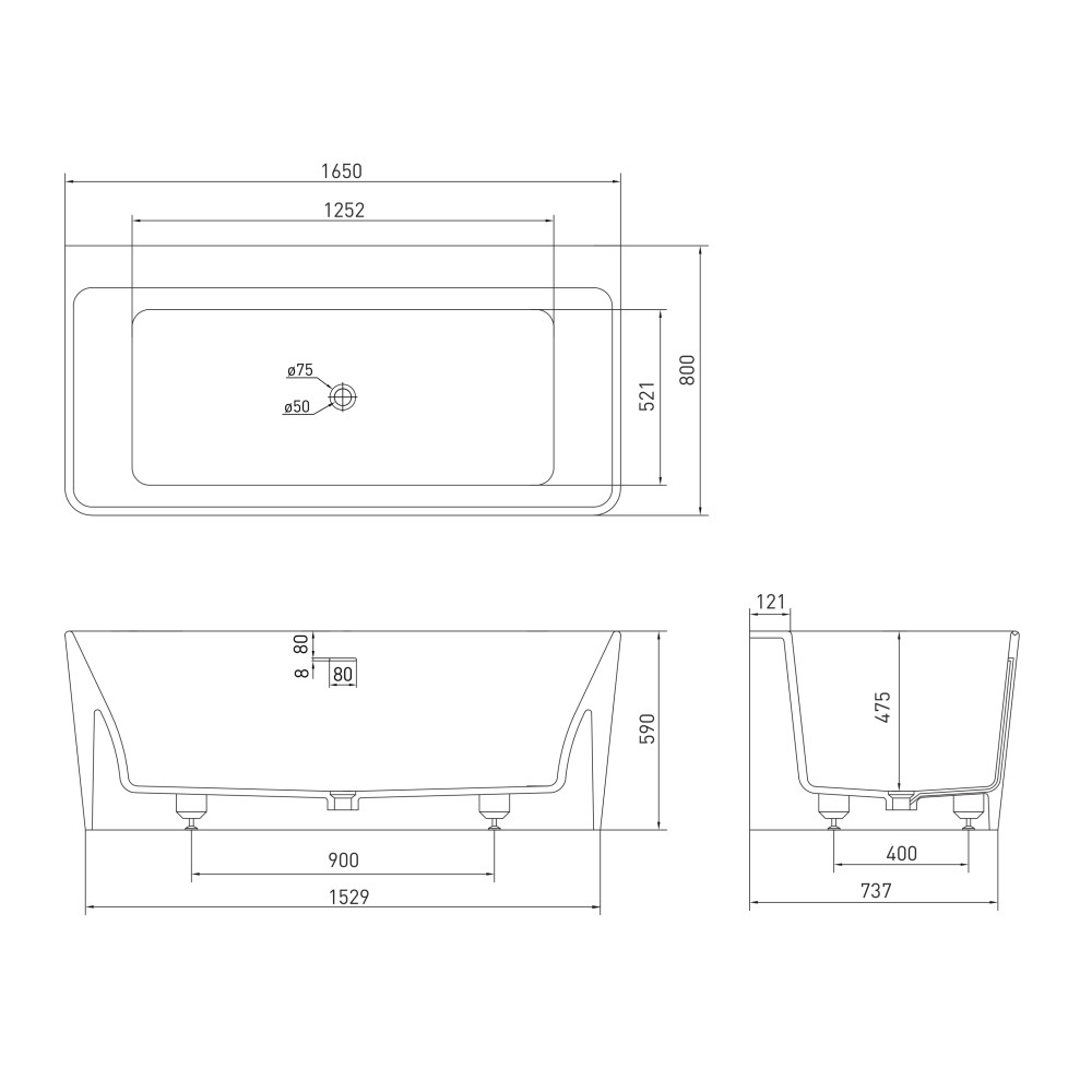 VOLLE Ванна 165*80*59см отдельностоящая/пристенная каменная Solid surface